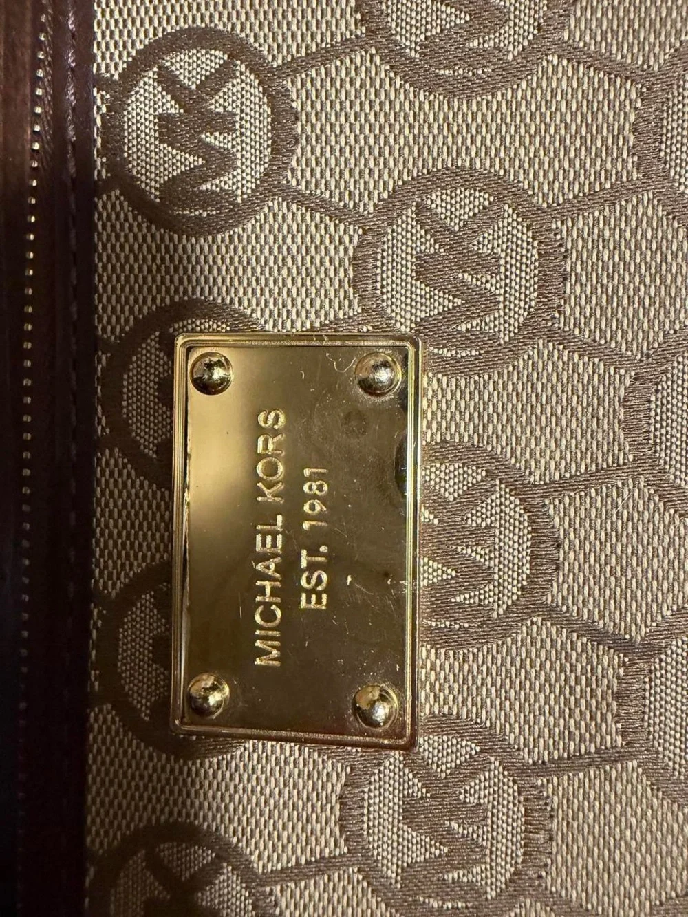Michael Kors Beige Monogram Zip Wallet with Gold Plaque